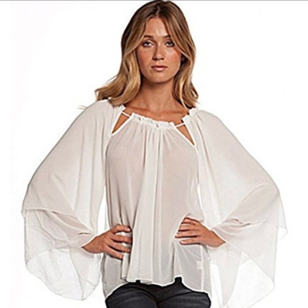 Elan Cream Long Sleeve Top w/Flair Sleeve and Shoulder Slits